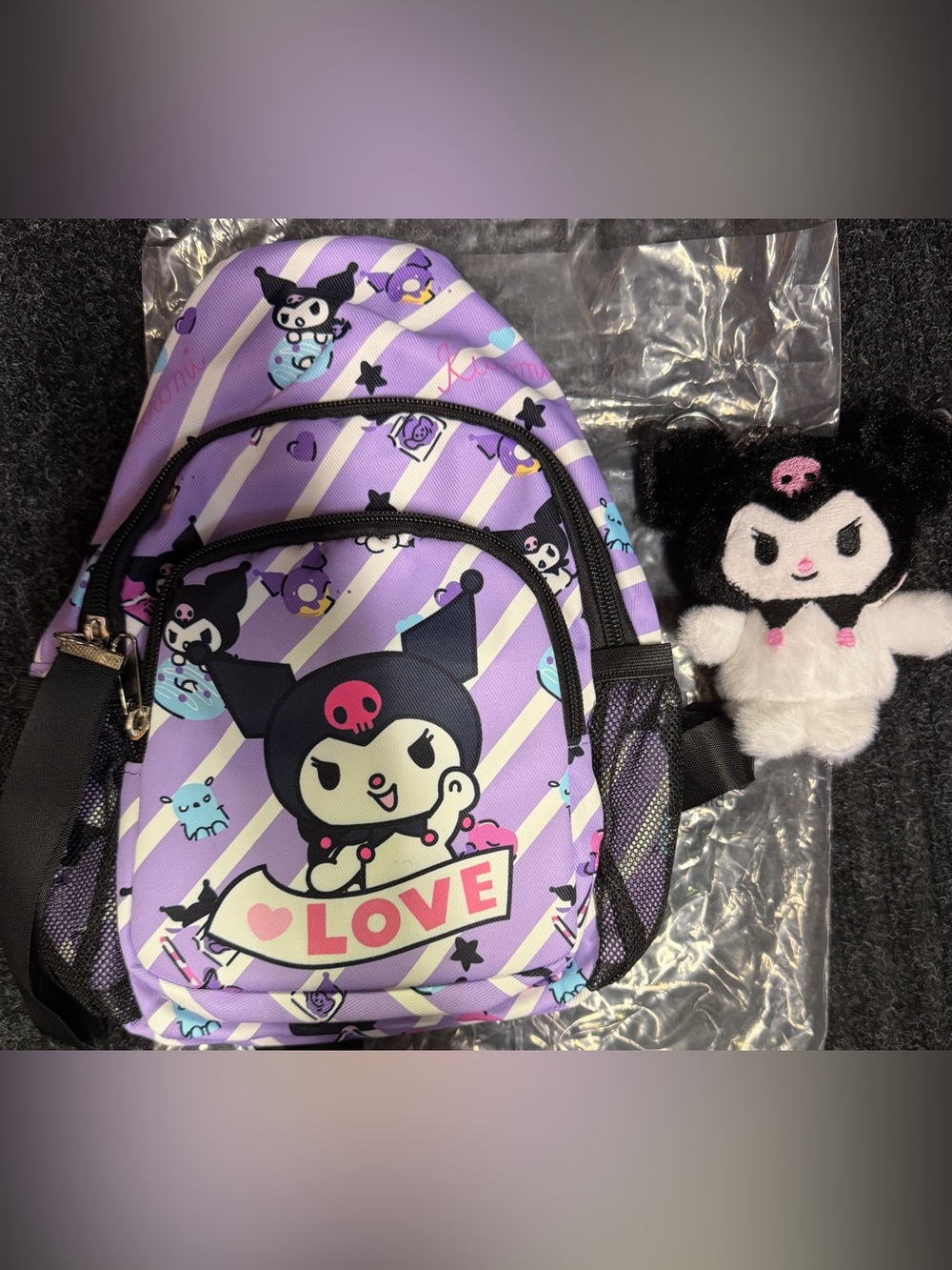 Kuromi Purple Backpack with LOVE Graphic and Kuromi stuffed keychain